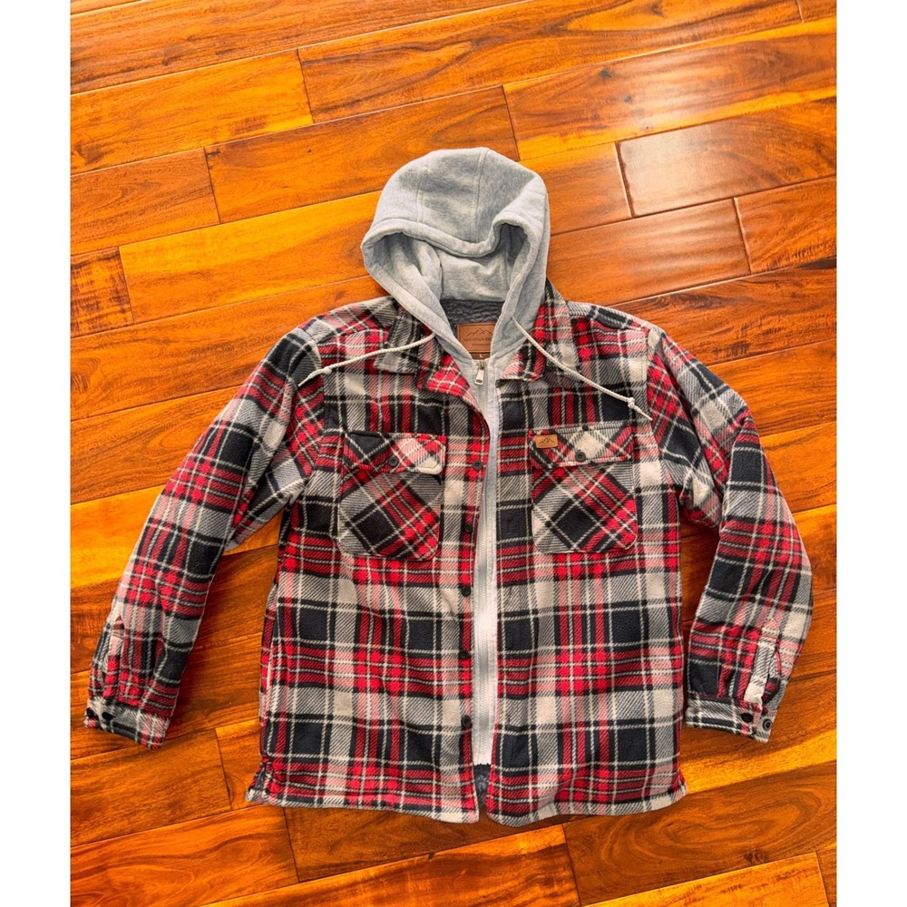 Mountain Ridge Hooded Flannel Jacket Mens L Red Black Plaid Sherpa Lined